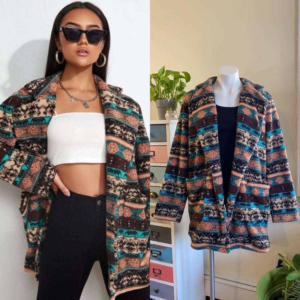 Soft Cozy Teddy Sherpa Lounge Jacket 8/10 Brown Turquoise